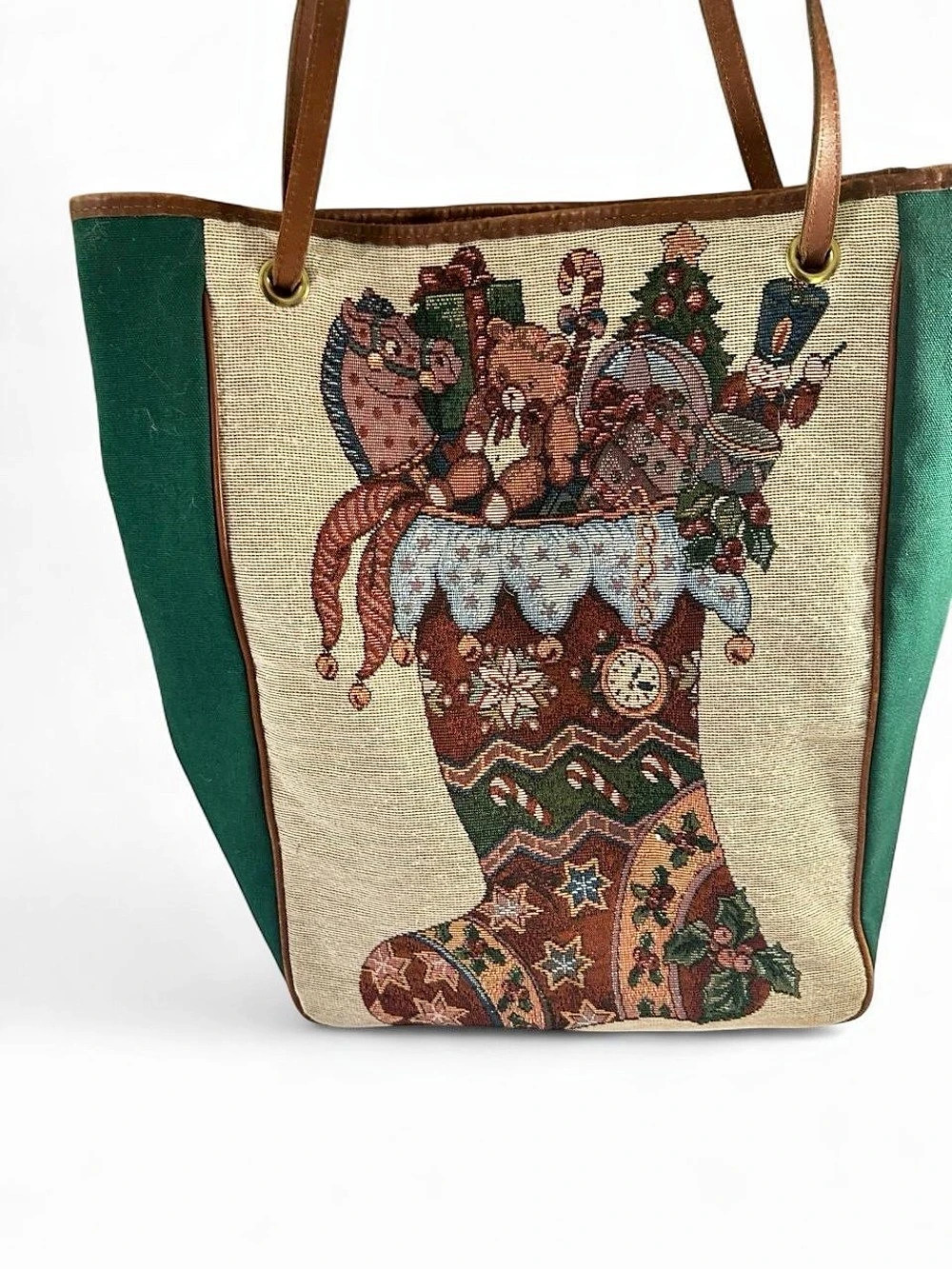 HGC Tapestry Stocking Tote in Green & Brown
